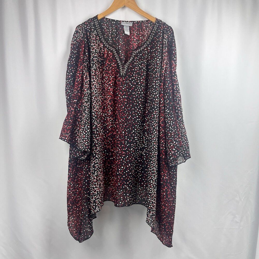 Catherines 3X 26/28W Red Black Dot Beaded Tunic Top Boho Handkerchief Hem